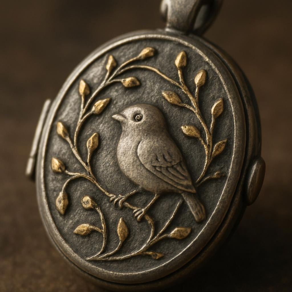 Antique Bronze Bird Locket Necklace: Engraved Vine Motif