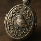 Antique Bronze Bird Locket Necklace: Engraved Vine Motif