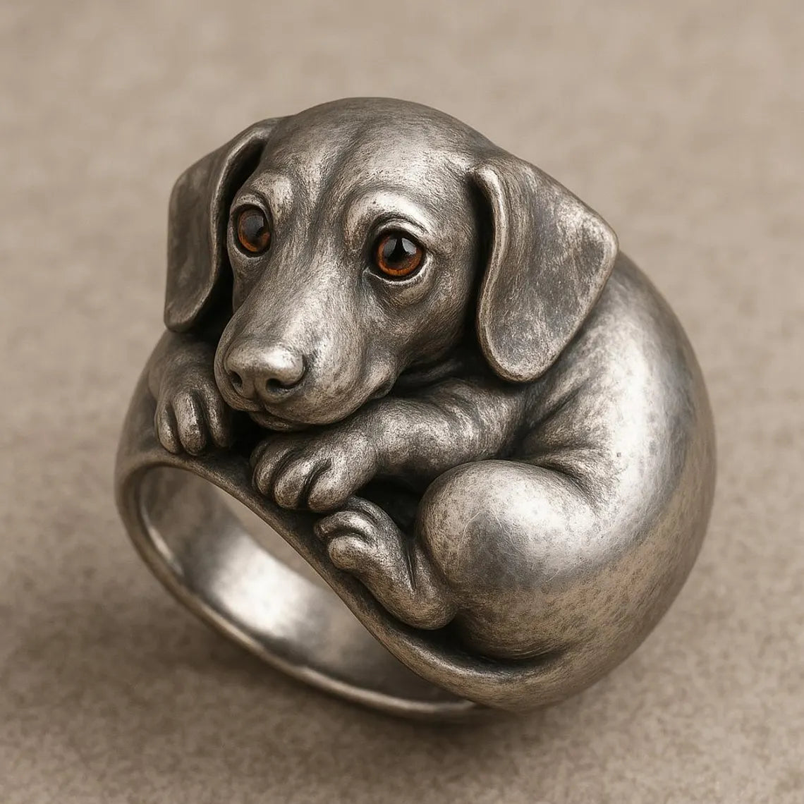 Handmade Sterling Silver Curled Dachshund Ring 鈥?Animal Lover Gift