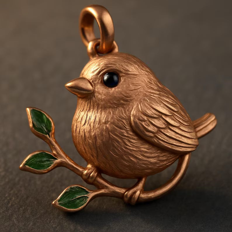 Handcrafted Bird Pendant Necklace: Bronze Sparrow with Green Enamel Leaves
