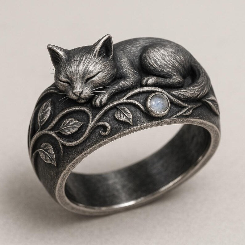 Handmade Sleeping Cat Ring: Sterling Silver Moonstone, Oxidized Vine Band