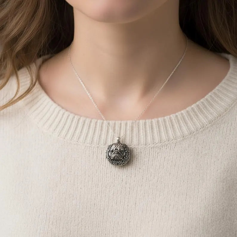 Sterling Silver Pug Photo Locket Necklace: Oxidized Floral Dog Memorial