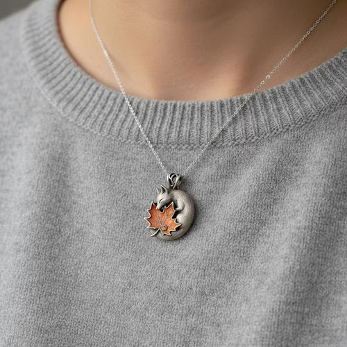 Handcrafted Silver Fox Pendant: Enamel Maple Leaf, Amber Accent
