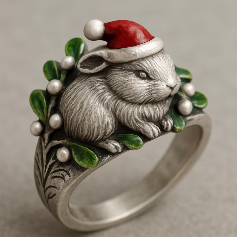 Handmade Sterling Silver Christmas Bunny Ring: Enamel Santa Hat & Mistletoe