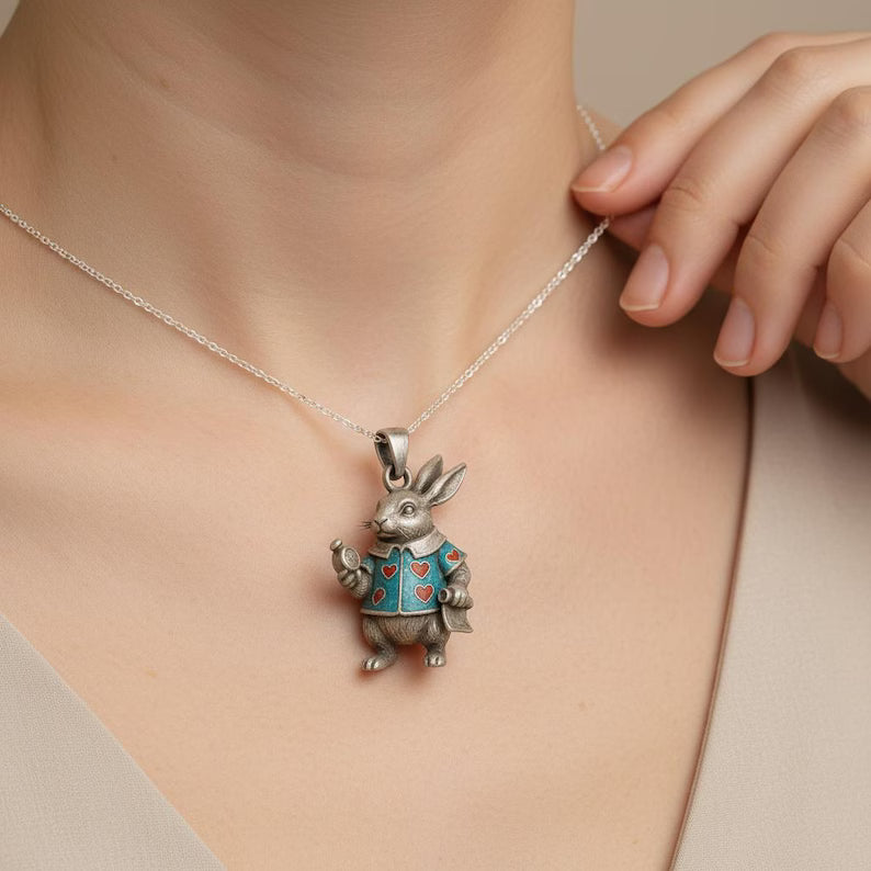 Handmade Sterling Silver Alice in Wonderland White Rabbit Pendant Necklace