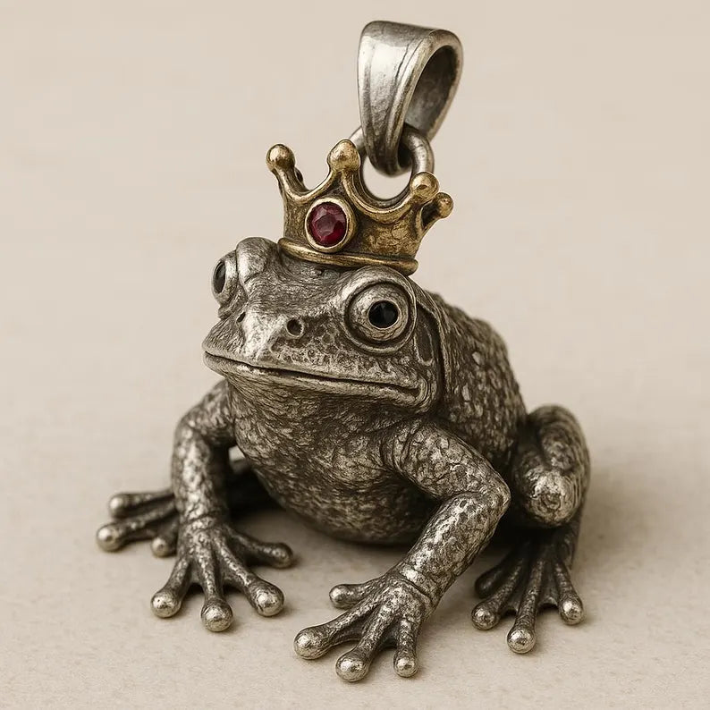 Handmade Sterling Silver Frog Prince Pendant: Gemstone Crown Necklace