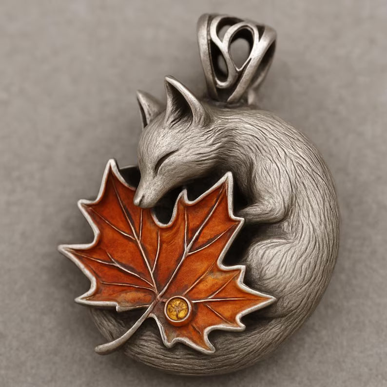 Handcrafted Silver Fox Pendant: Enamel Maple Leaf, Amber Accent