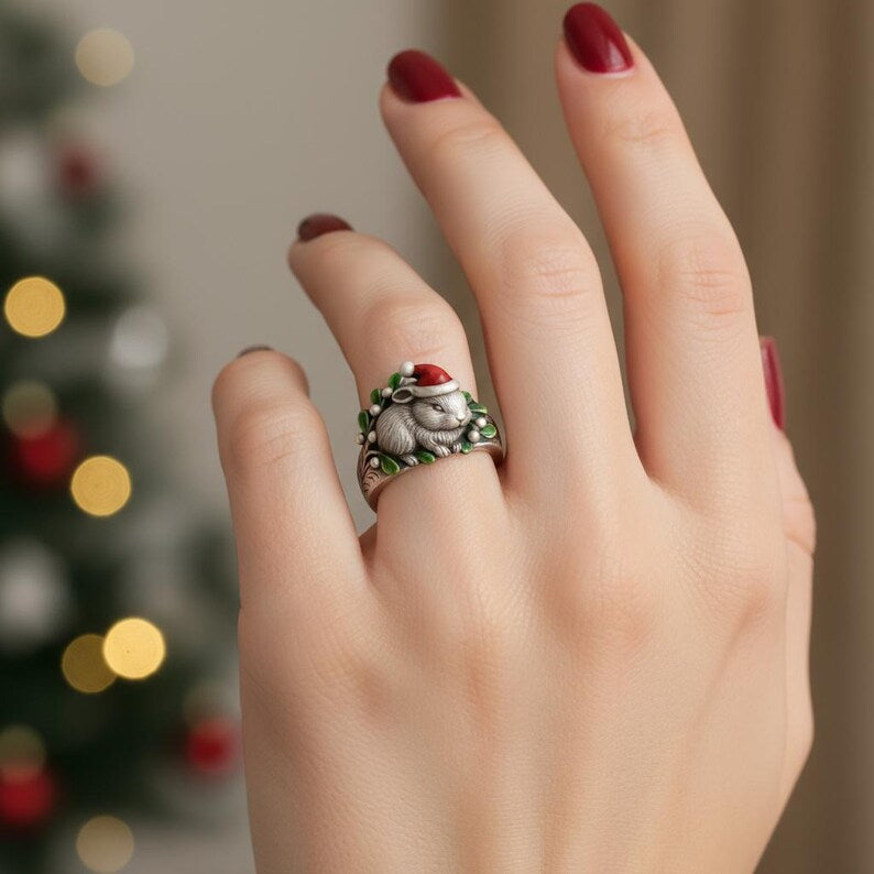 Handmade Sterling Silver Christmas Bunny Ring: Enamel Santa Hat & Mistletoe