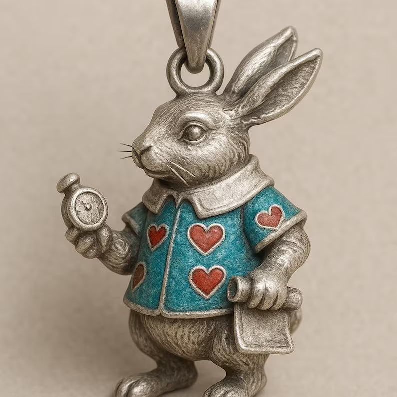 Handmade Sterling Silver Alice in Wonderland White Rabbit Pendant Necklace