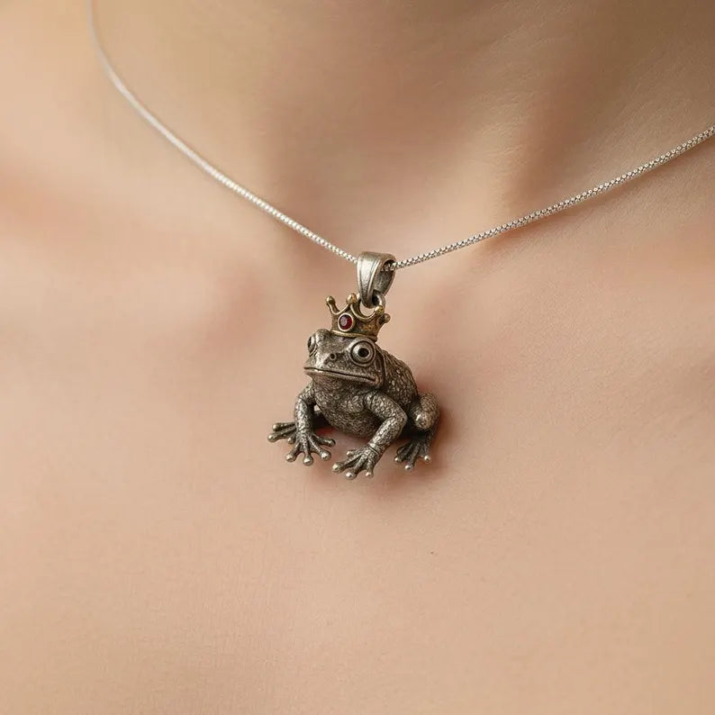 Handmade Sterling Silver Frog Prince Pendant: Gemstone Crown Necklace