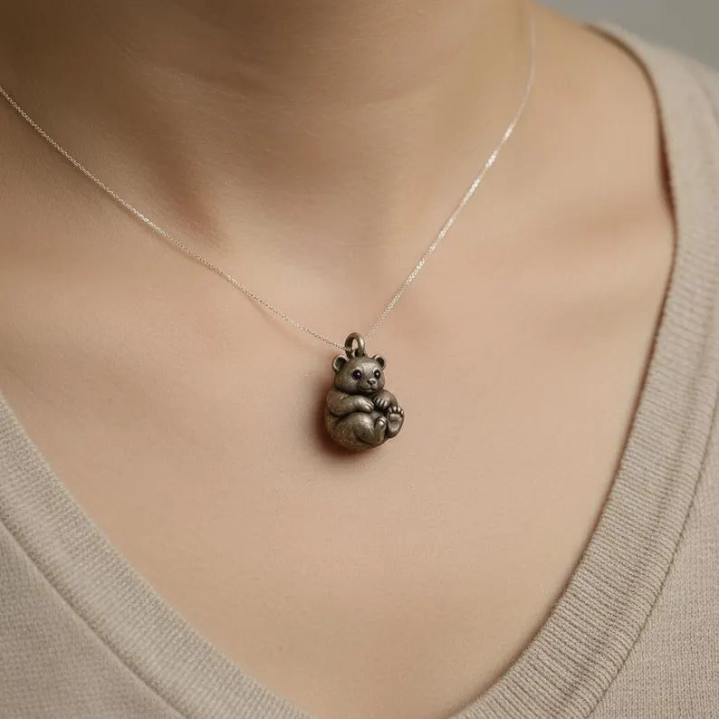 Silver Baby Bear Pendant – Antique Patina Animal Charm