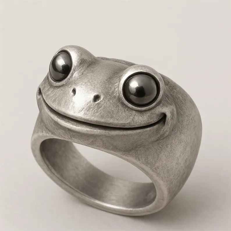Handmade Sterling Silver Frog Ring – Whimsical Black Pearl Animal Jewelry