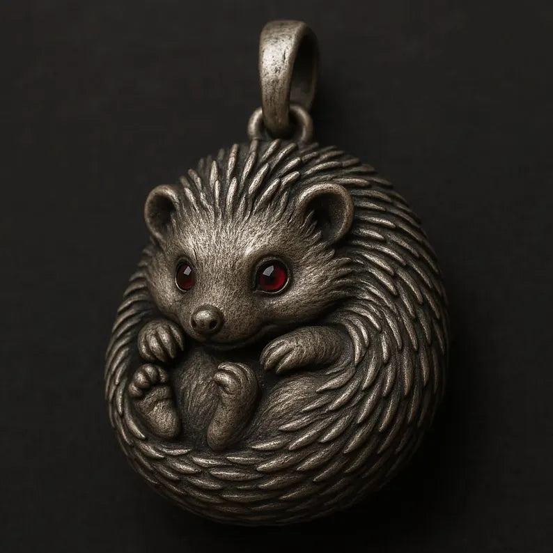 Handmade Antique Silver Hedgehog Pendant Necklace with Red Gem Eyes