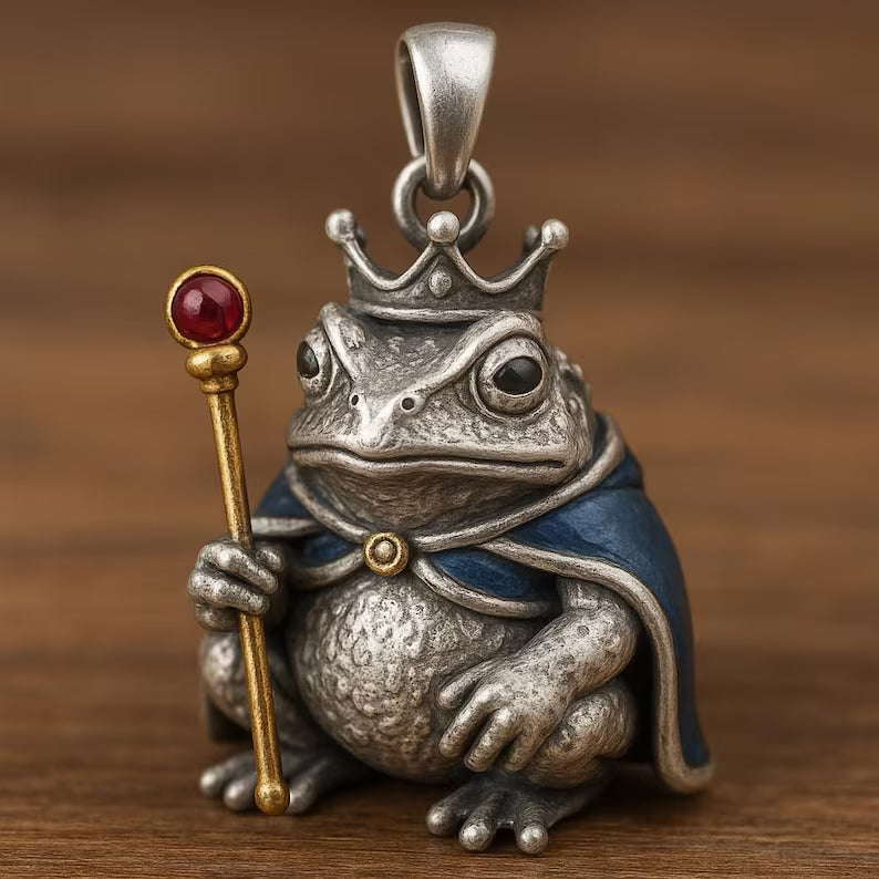 Handmade Sterling Silver Frog King Pendant, Blue Enamel Cloak, Red Crystal Scepter