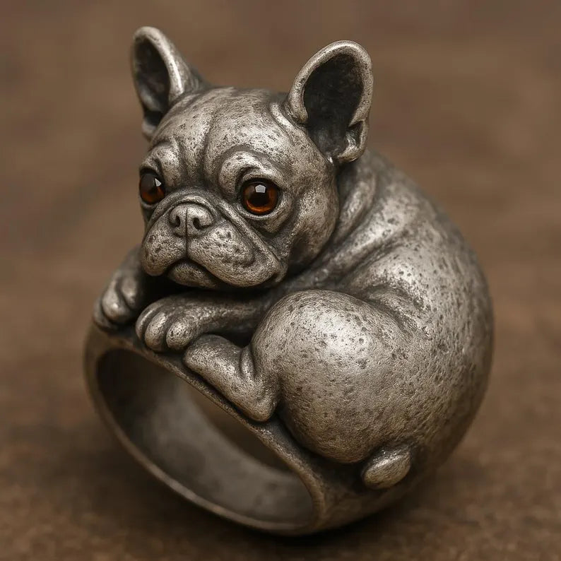 Handmade Sterling Silver French Bulldog Ring, Amber Eyes, Sculpted Dog Jewelry