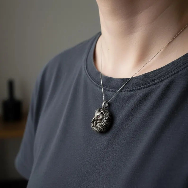 Handmade Antique Silver Hedgehog Pendant Necklace with Red Gem Eyes