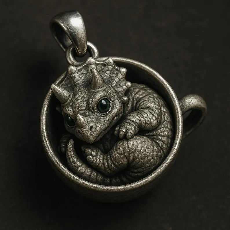Silver Baby Dinosaur in Teacup Charm with Green Gem Eyes
