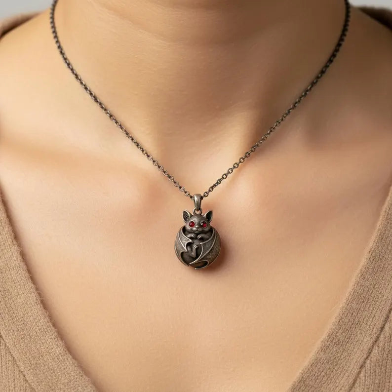 Handcrafted Antique Silver Baby Bat Pendant Necklace