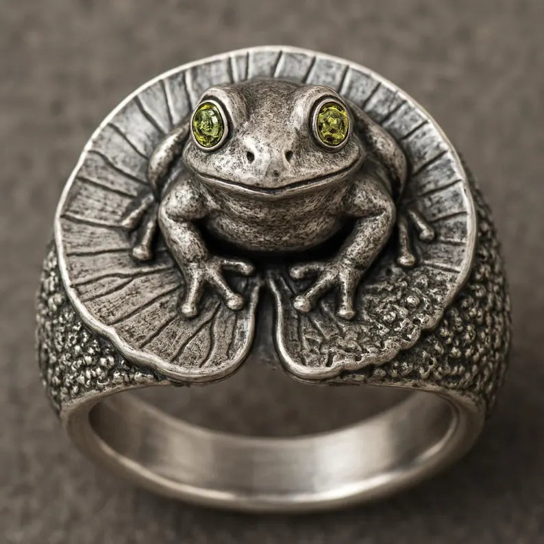 Handmade Sterling Silver Frog Ring – Green Gemstone Eyes, Lily Pad Jewelry