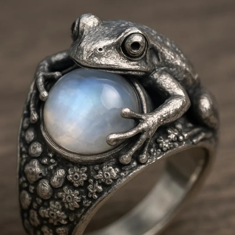 Handmade Sterling Silver Frog Moonstone Ring, Oxidized Floral Band