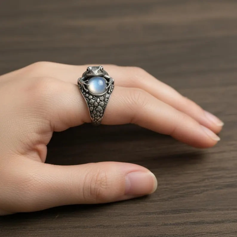 Handmade Sterling Silver Frog Moonstone Ring, Oxidized Floral Band