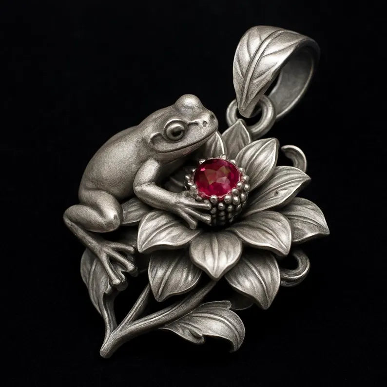 Handmade Sterling Silver Frog Pendant – Ruby Lotus Necklace, Oxidized Finish