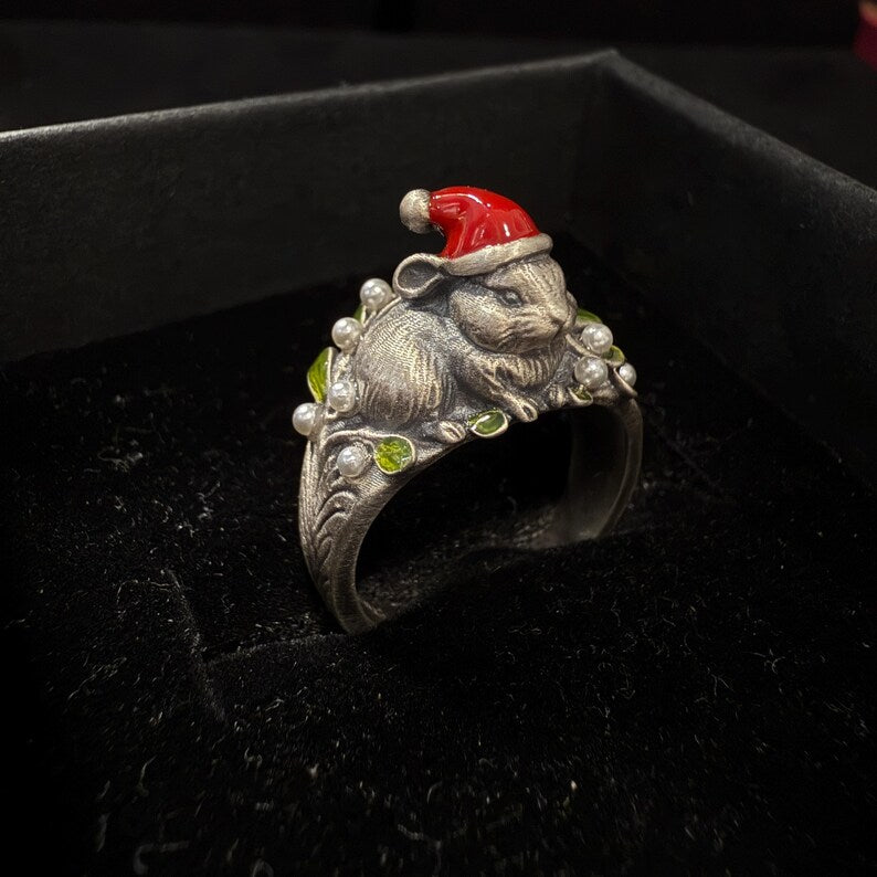 Handmade Sterling Silver Christmas Bunny Ring: Enamel Santa Hat & Mistletoe