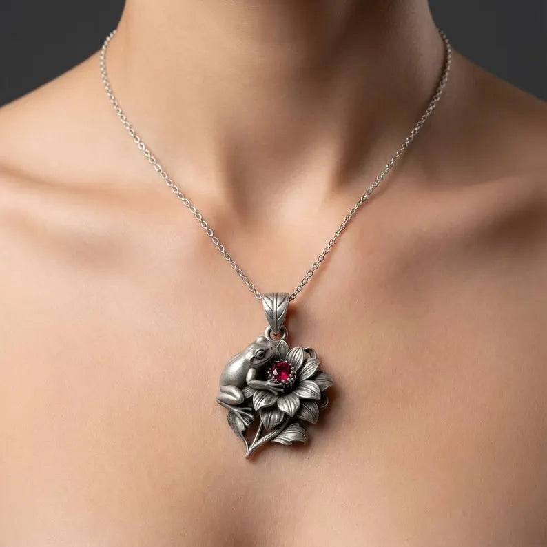 Handmade Sterling Silver Frog Pendant – Ruby Lotus Necklace, Oxidized Finish