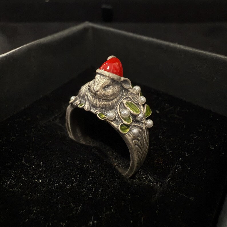 Handmade Sterling Silver Christmas Bunny Ring: Enamel Santa Hat & Mistletoe