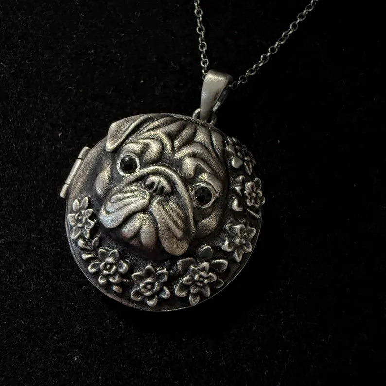 Sterling Silver Pug Photo Locket Necklace: Oxidized Floral Dog Memorial