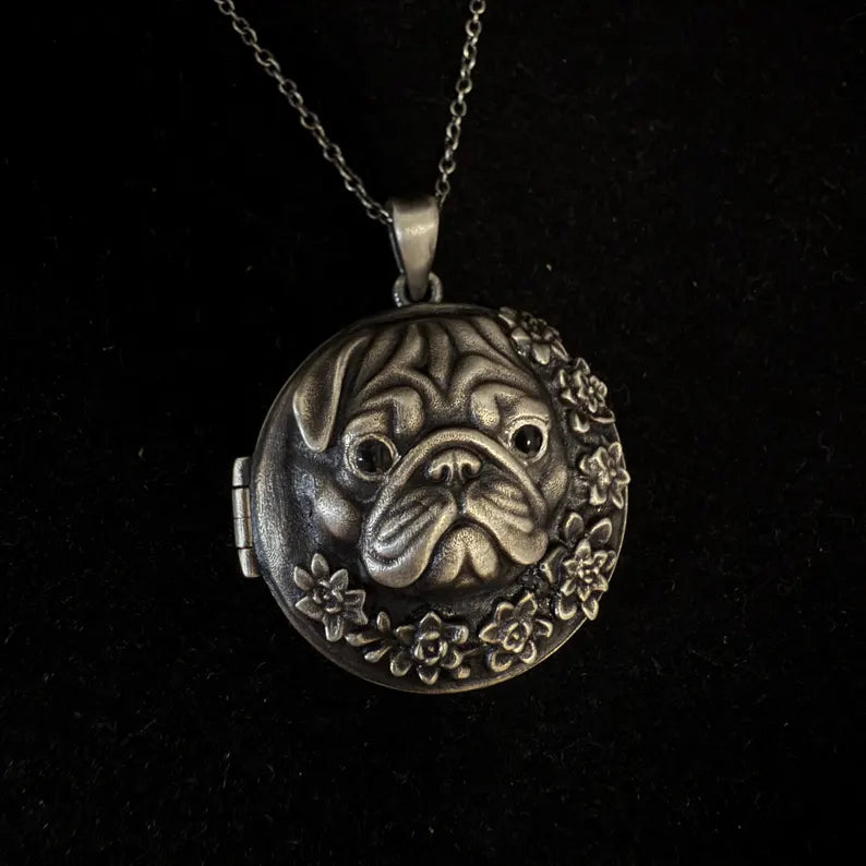 Sterling Silver Pug Photo Locket Necklace: Oxidized Floral Dog Memorial