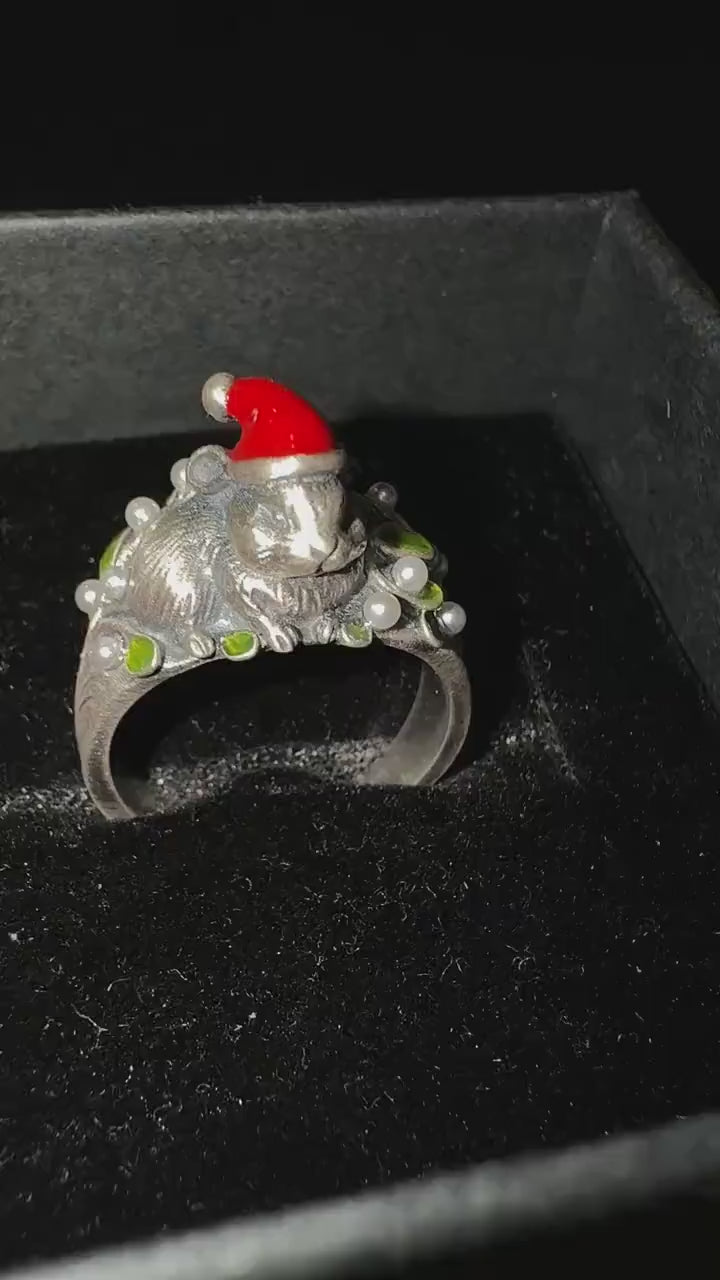 Handmade Sterling Silver Christmas Bunny Ring: Enamel Santa Hat & Mistletoe