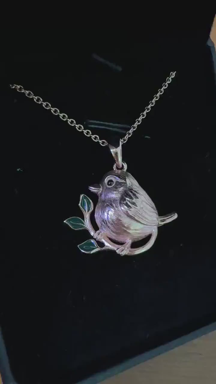 Handcrafted Bird Pendant Necklace: Bronze Sparrow with Green Enamel Leaves